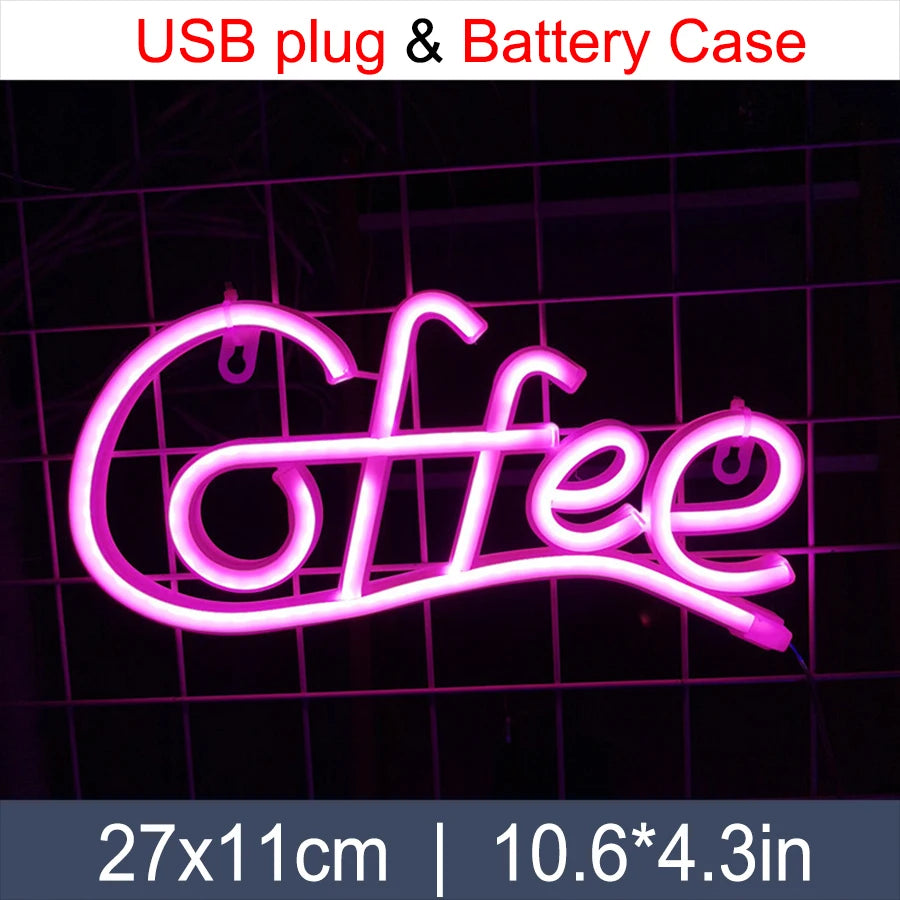LED Neon Sign Light Letter Coffee Welcome Modeling Decoration Lamp USB & Battery Case Game Room Bar Shop Wall Wholesale Gift