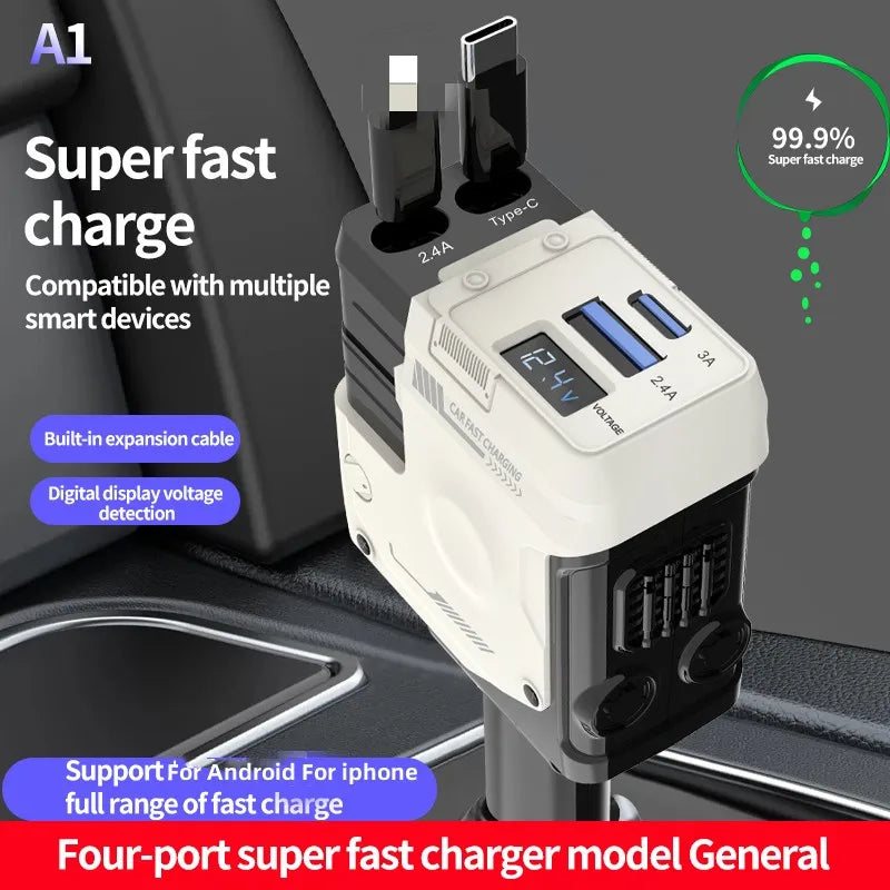 120W Retractable 4 in 1 USB Type C Multi Super Fast Car Charger for Android Charger Adapter