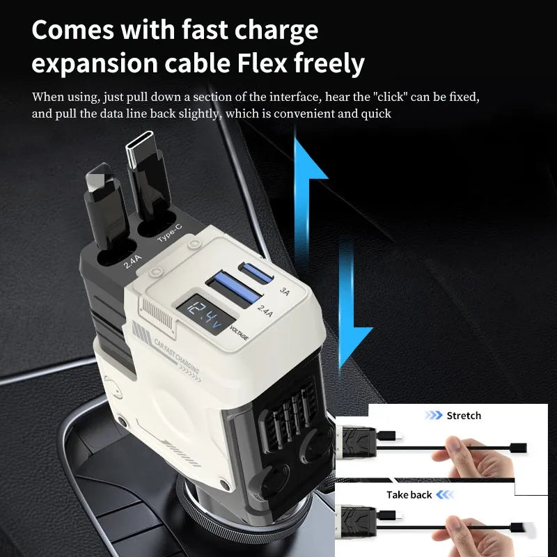 120W Retractable 4 in 1 USB Type C Multi Super Fast Car Charger for Android Charger Adapter