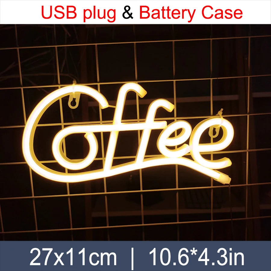 LED Neon Sign Light Letter Coffee Welcome Modeling Decoration Lamp USB & Battery Case Game Room Bar Shop Wall Wholesale Gift