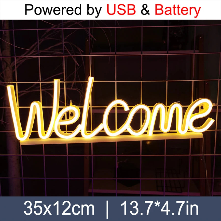 LED Neon Sign Light Letter Coffee Welcome Modeling Decoration Lamp USB & Battery Case Game Room Bar Shop Wall Wholesale Gift