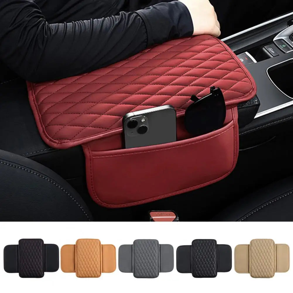 Car Armrest Mat Leather Armrest Cover Cushion with Side Storage Pockets