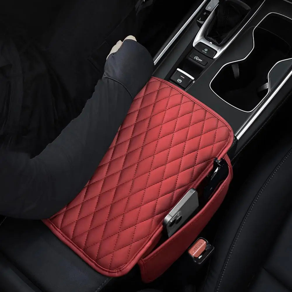 Car Armrest Mat Leather Armrest Cover Cushion with Side Storage Pockets